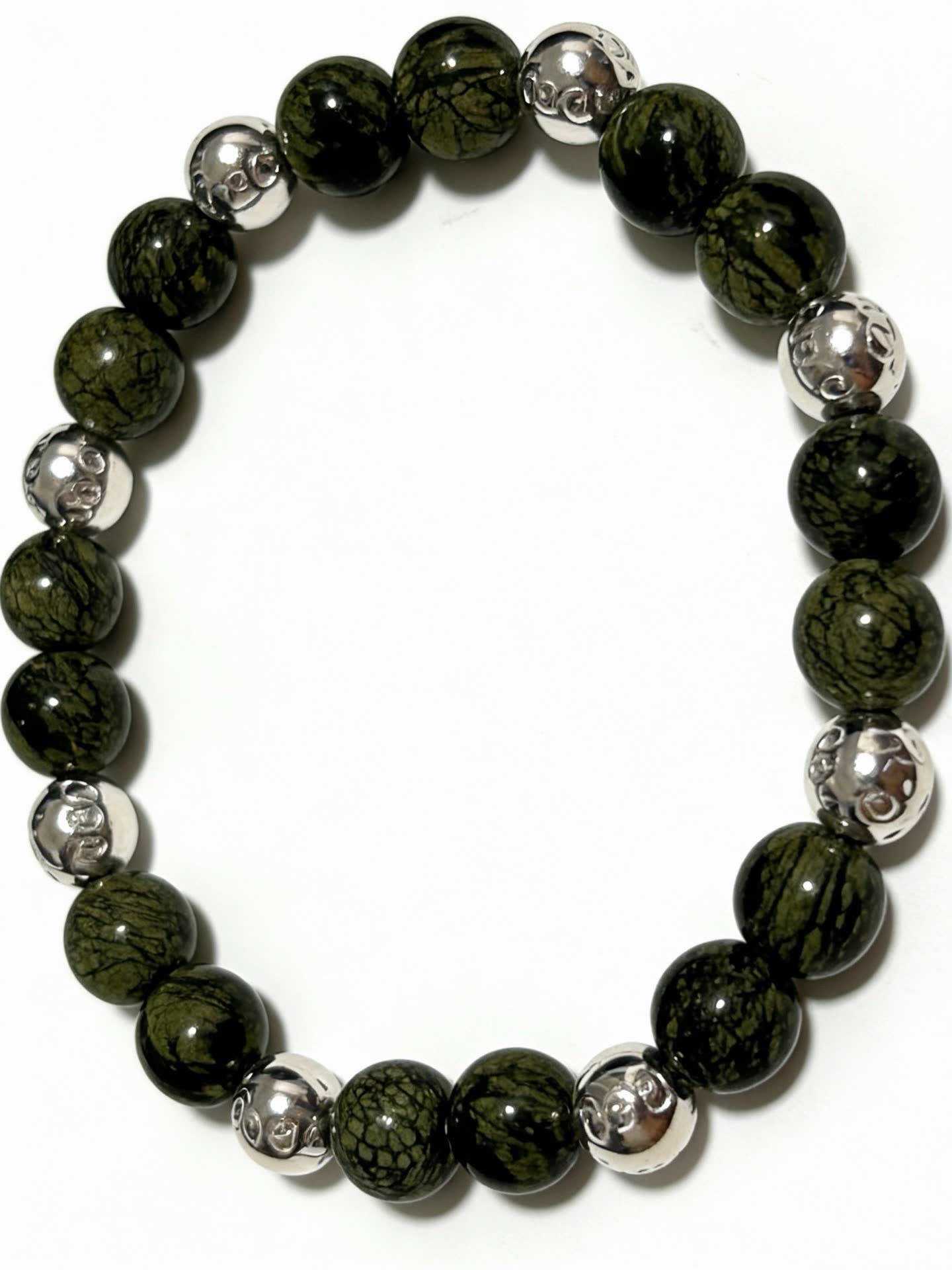 Tiffany & Co Green Stone Beaded Bracelet with Silver Accents